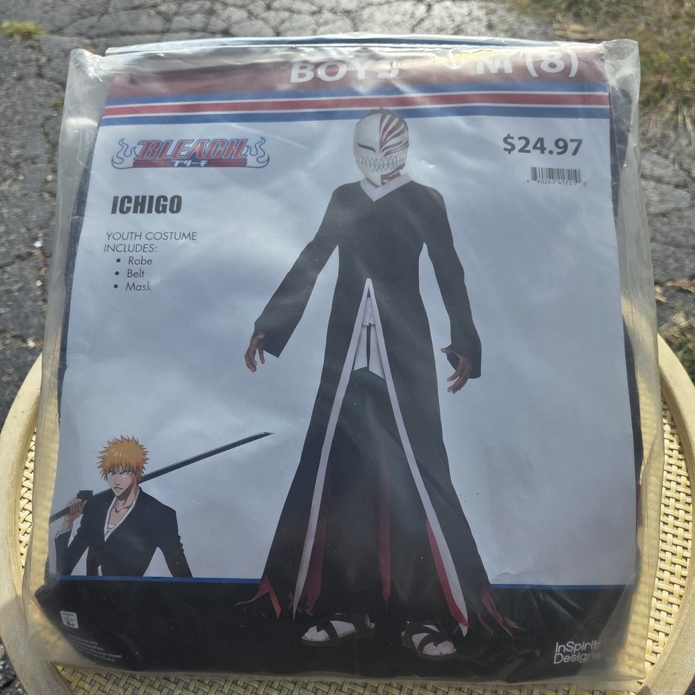 NEW Kids Bleach Ichigo Kurosaki Costume Medium Youth Size 8 With Robe Belt Mask